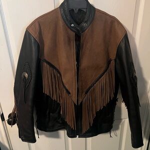 Vintage 90’s Brown and Black Leather Fringe Motorcycle Jacket